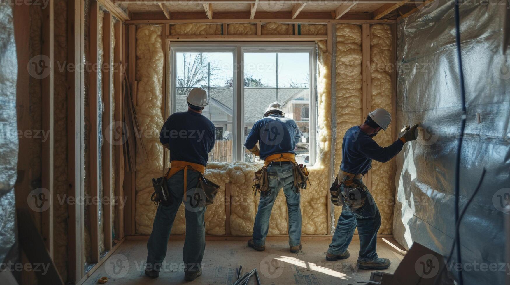Three Construction Workers Installing Insulation in a New House photo