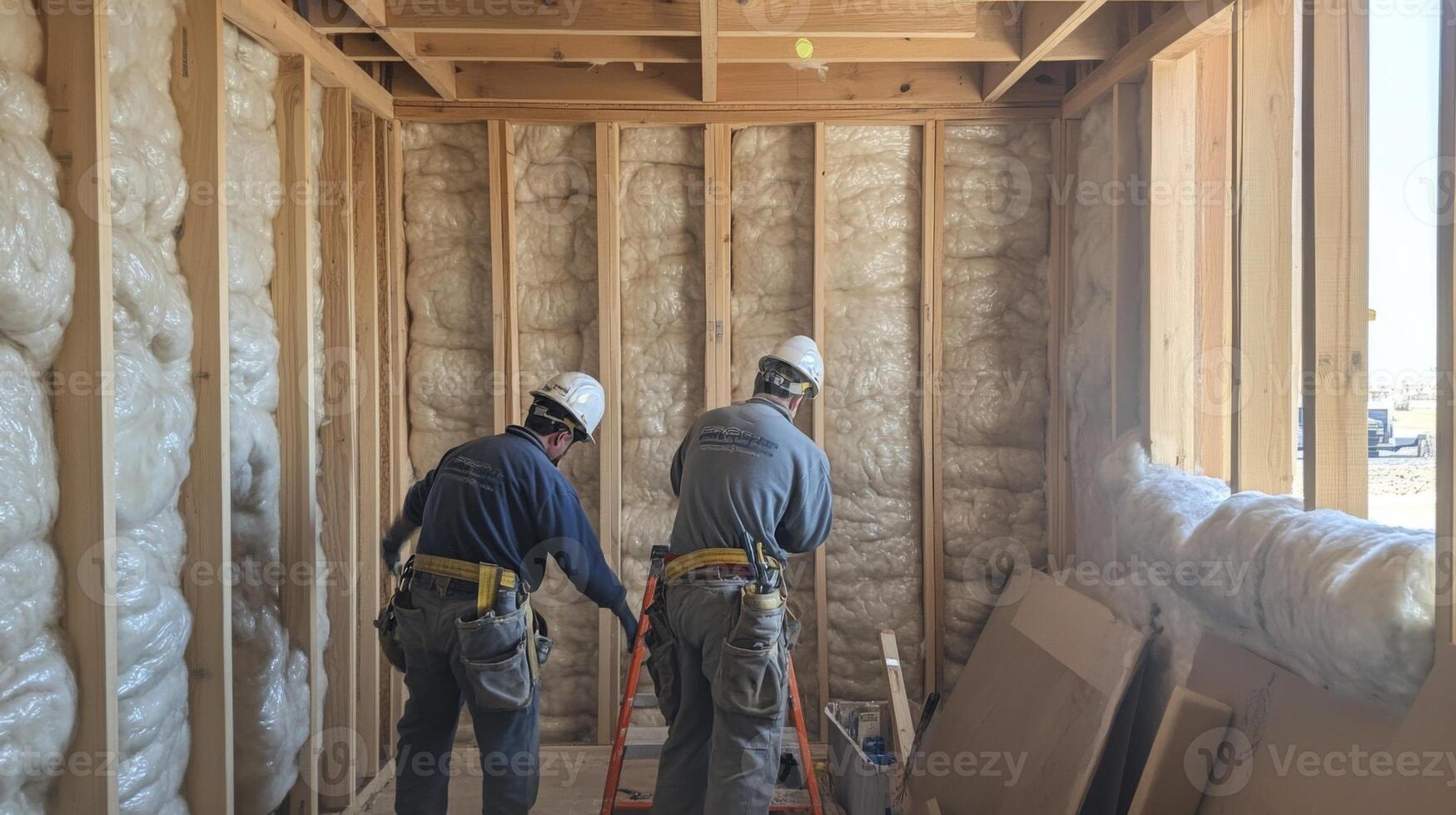 Two Construction Workers Inspecting Insulation in a New Home photo