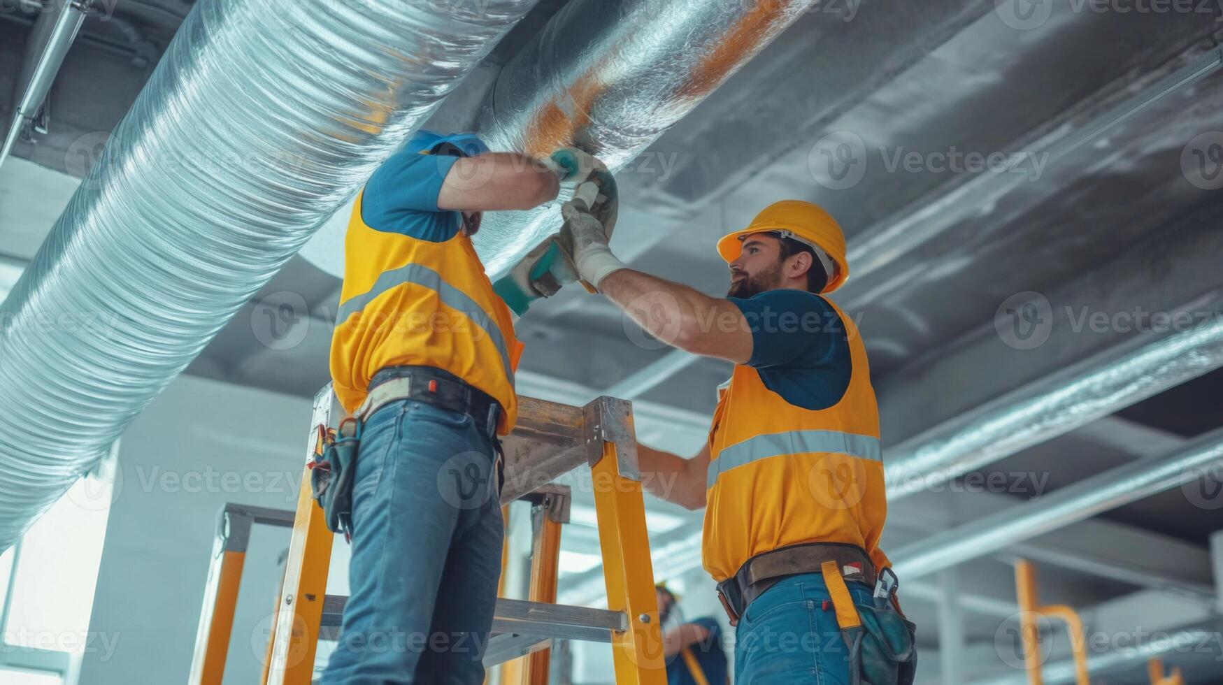 Two Construction Workers Installing Ductwork on a Ceiling photo