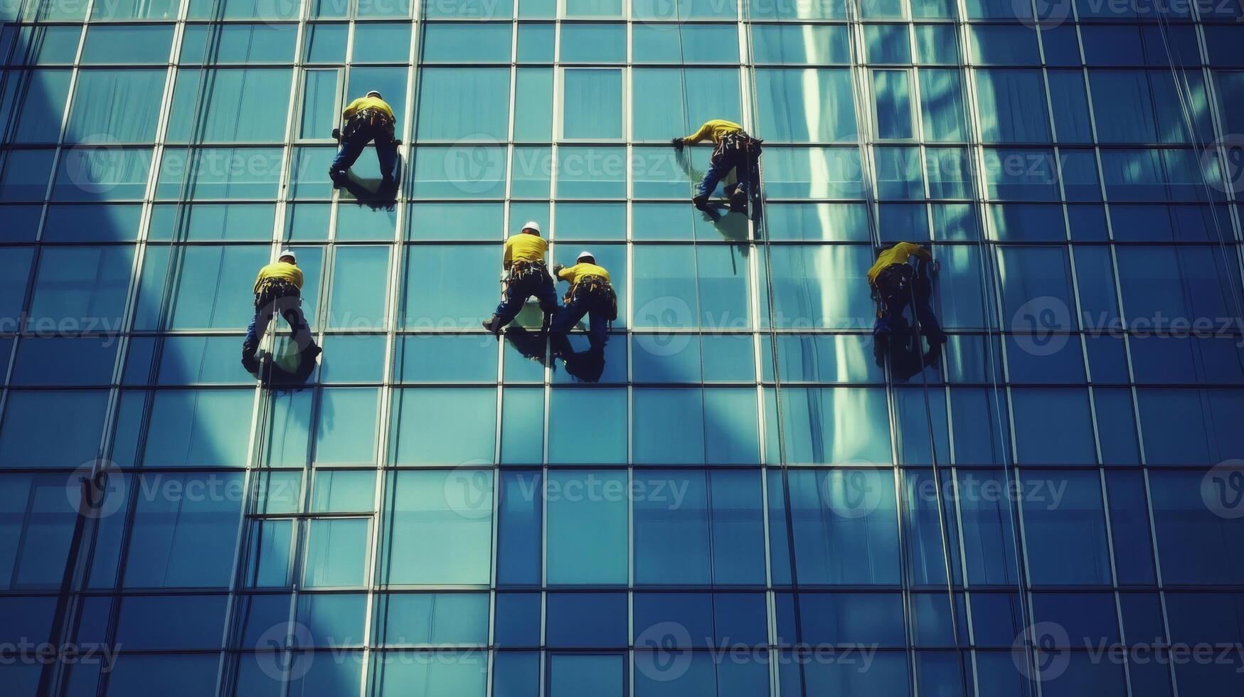 Window Washers Cleaning a Tall Modern Glass Building photo