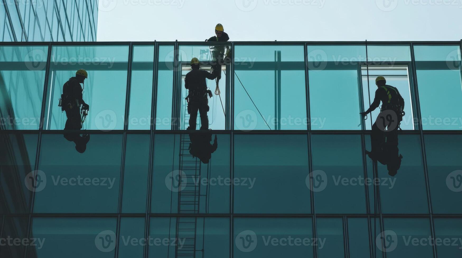Three Silhouettes of Window Washers on a Modern Building photo