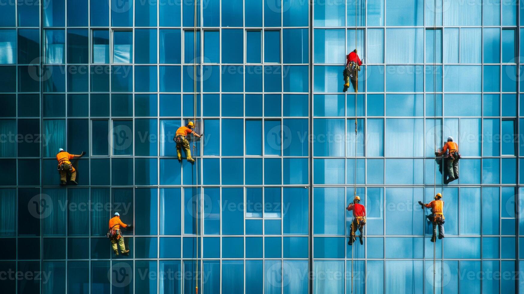 Window Cleaners Suspended on Ropes Cleaning a Modern Glass Building photo