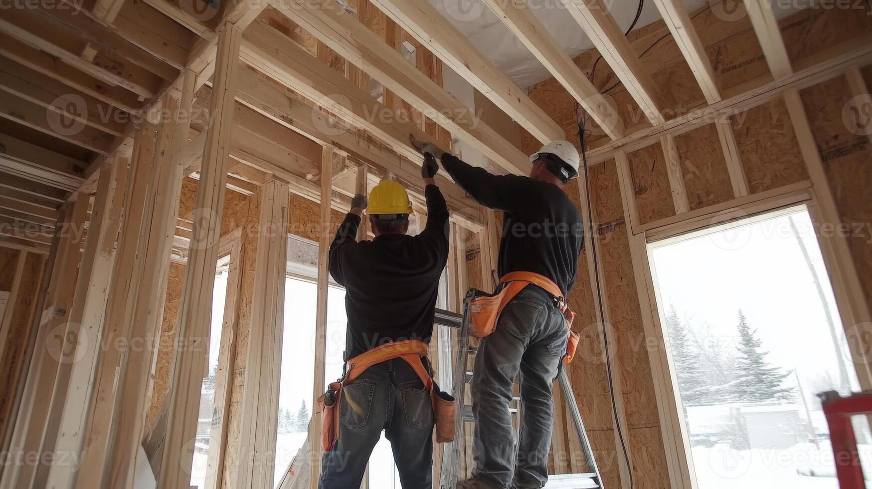 Two Construction Workers Installing a Window Frame photo