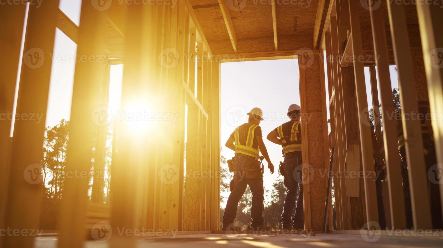 Two Construction Workers Standing in a Frame of a New Home photo
