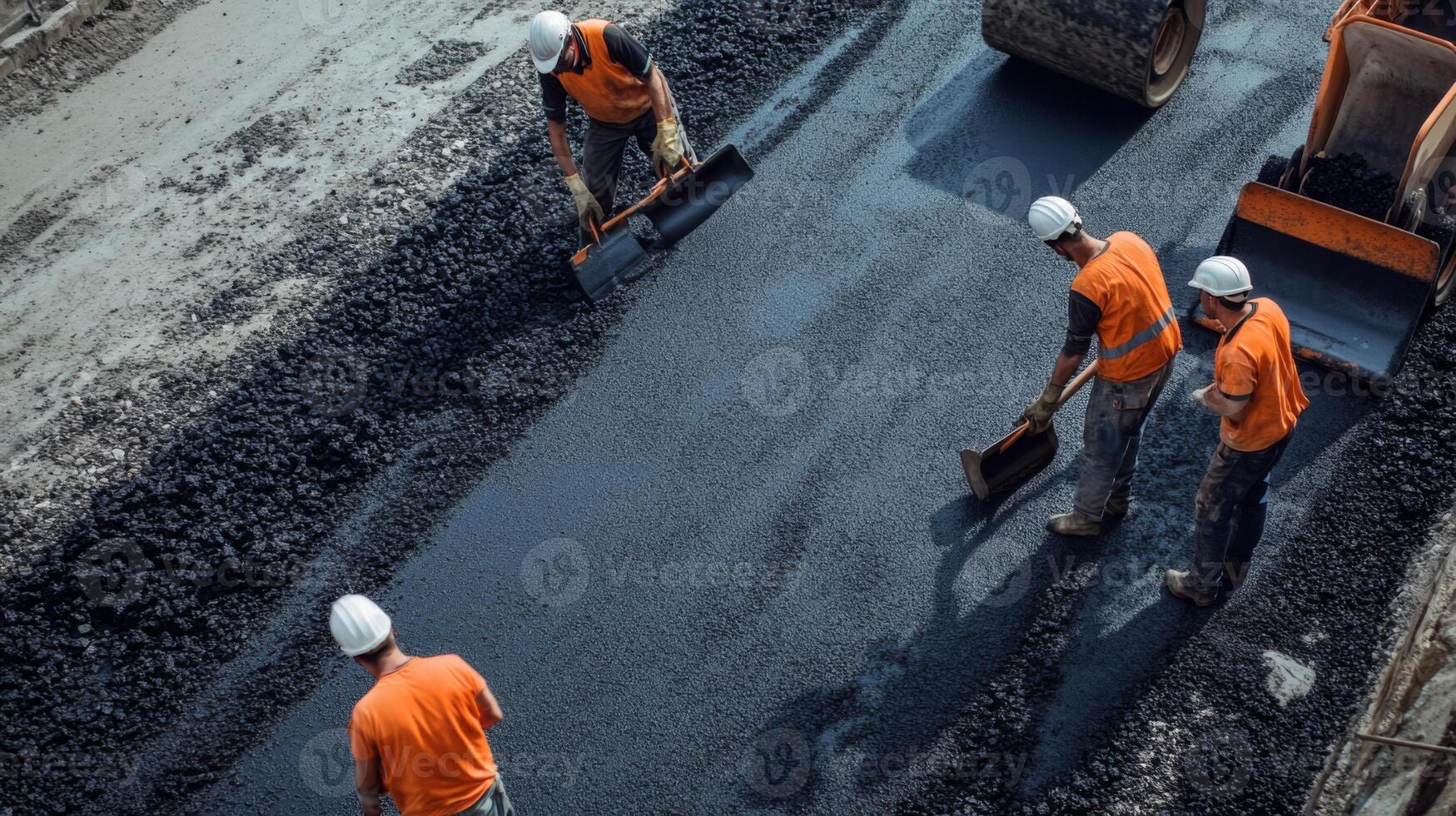 Construction Workers Laying Asphalt on a Road photo