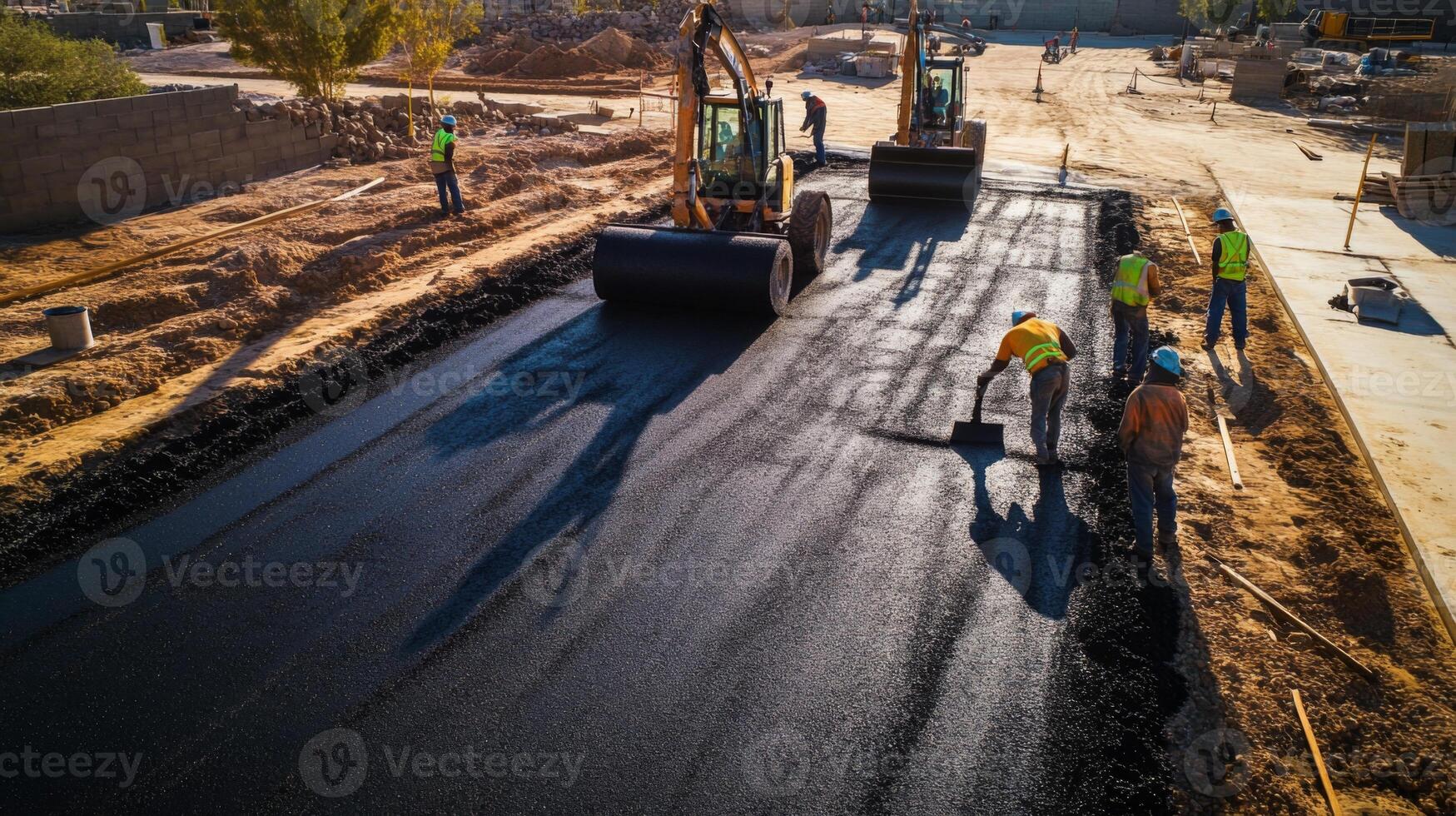 Construction Workers Leveling Asphalt Pavement with Rollers and Tools photo