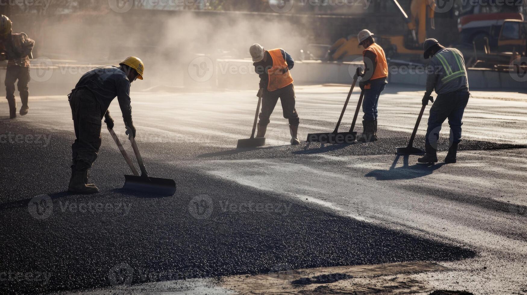 Construction Workers Spreading Asphalt with Shovels photo