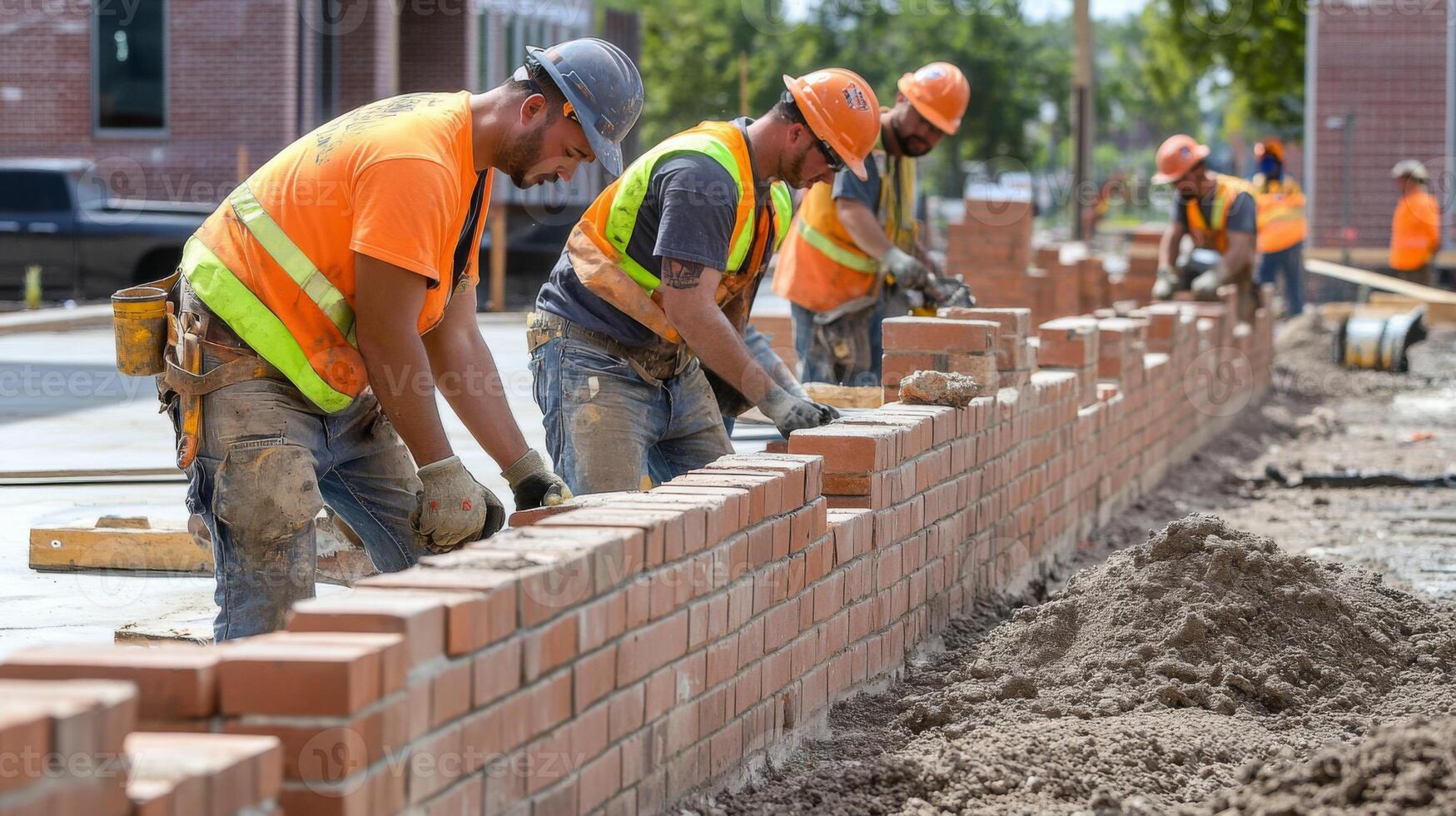Construction Workers Laying Bricks for a Brick Wall photo