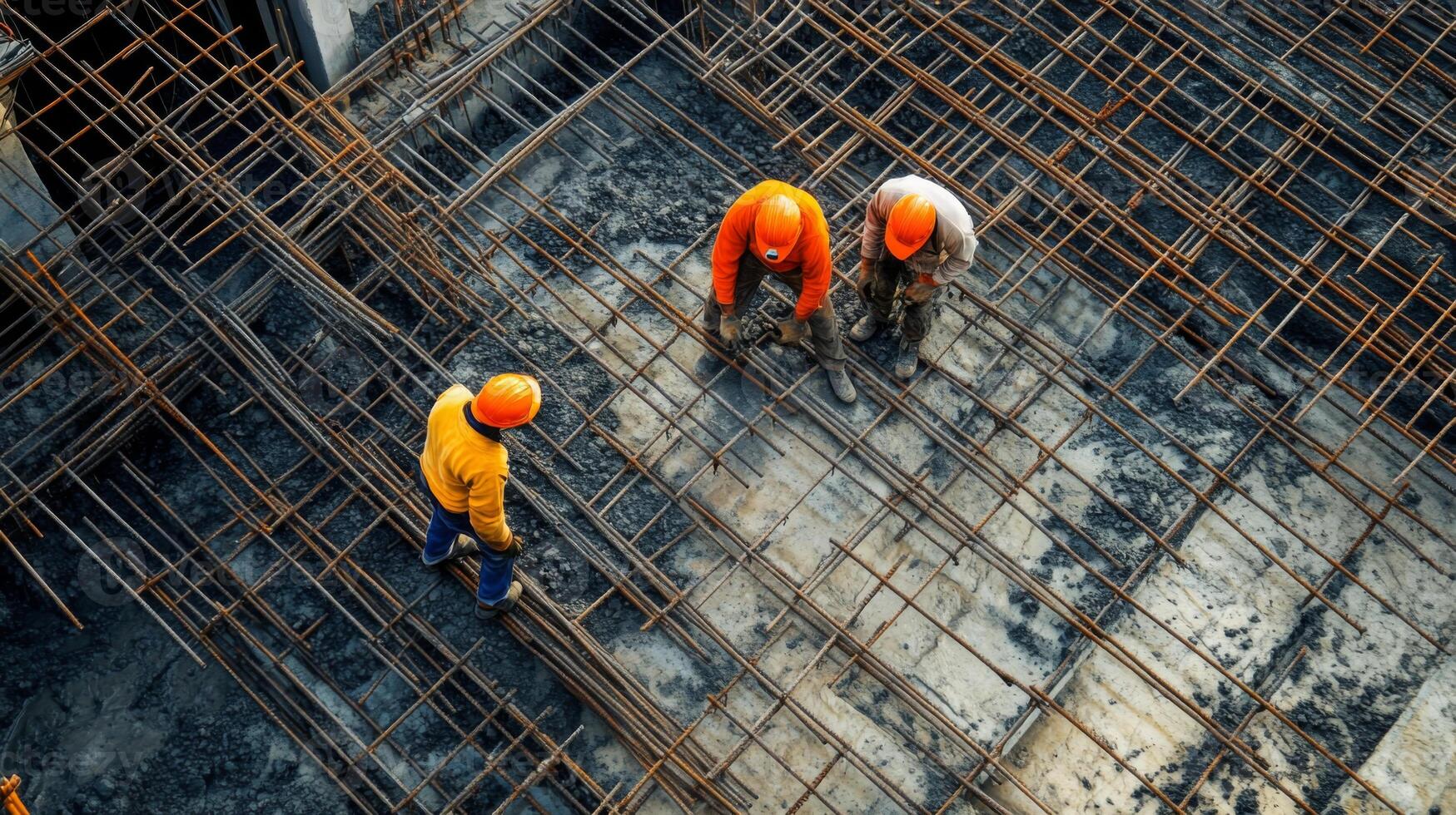 Construction Workers on a Concrete Slab with Reinforcement Bars photo