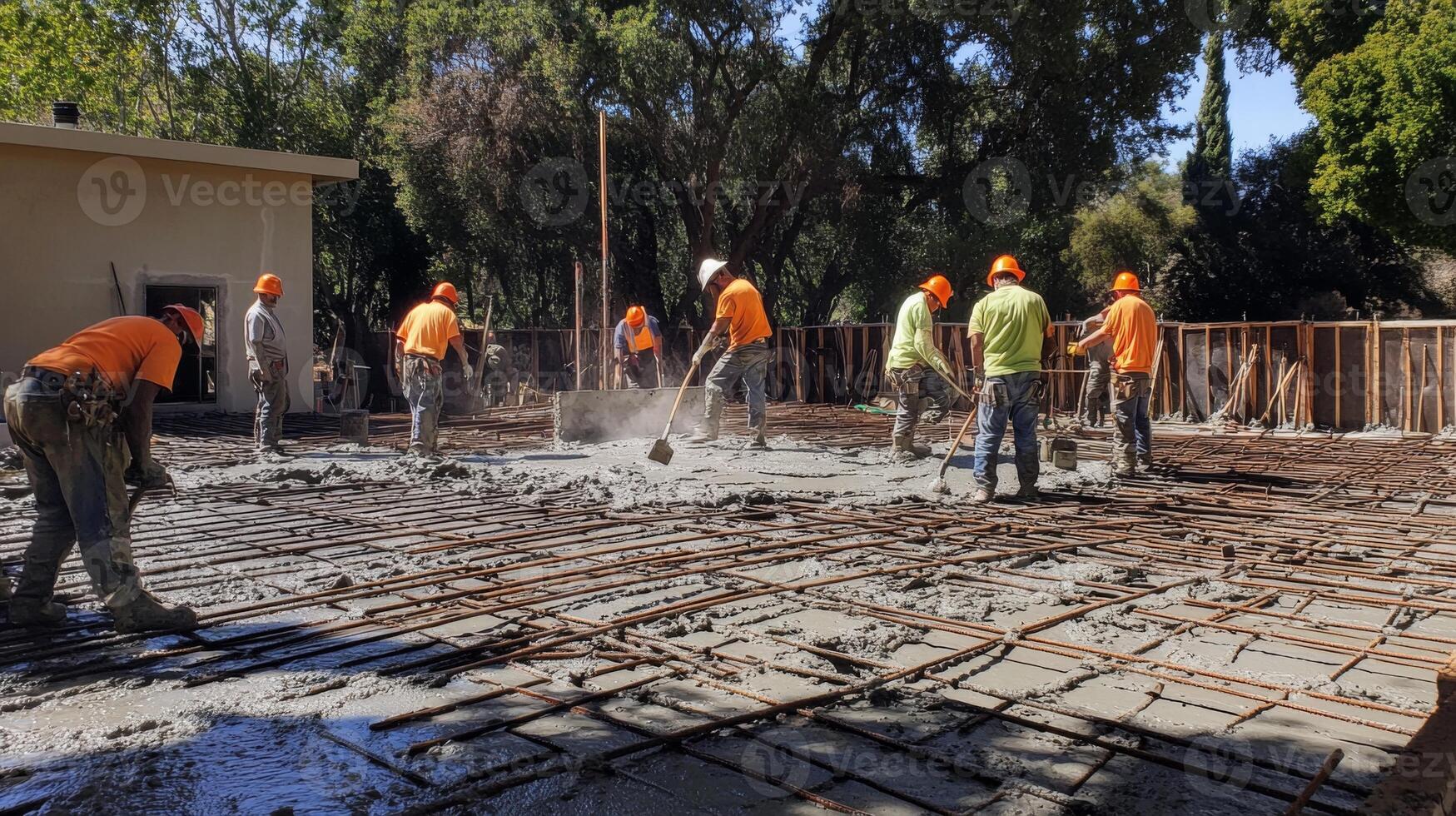 Construction Workers Pouring Concrete on a Rebar Grid photo