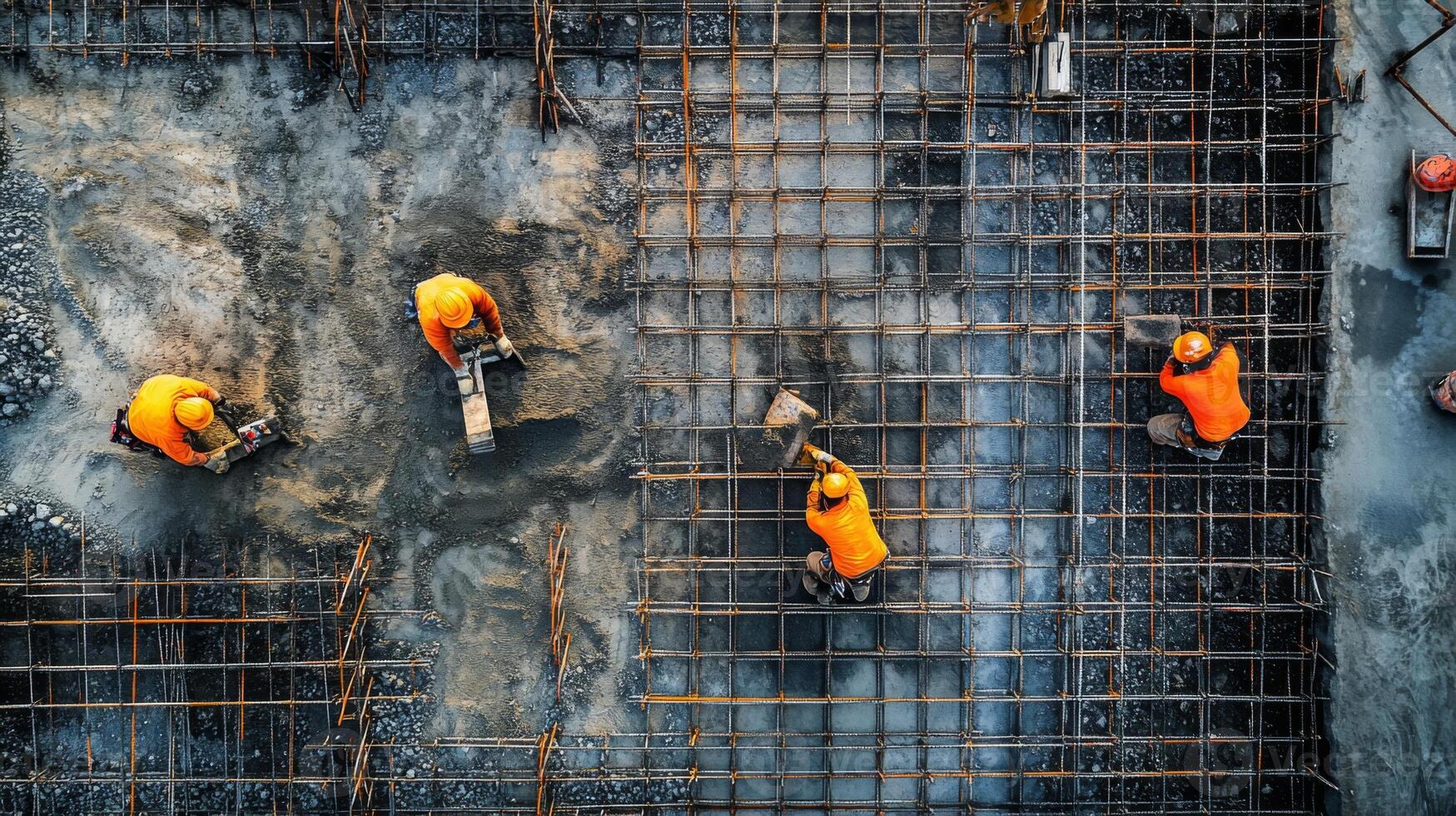 Construction Workers Pouring Concrete on a Gridded Foundation photo