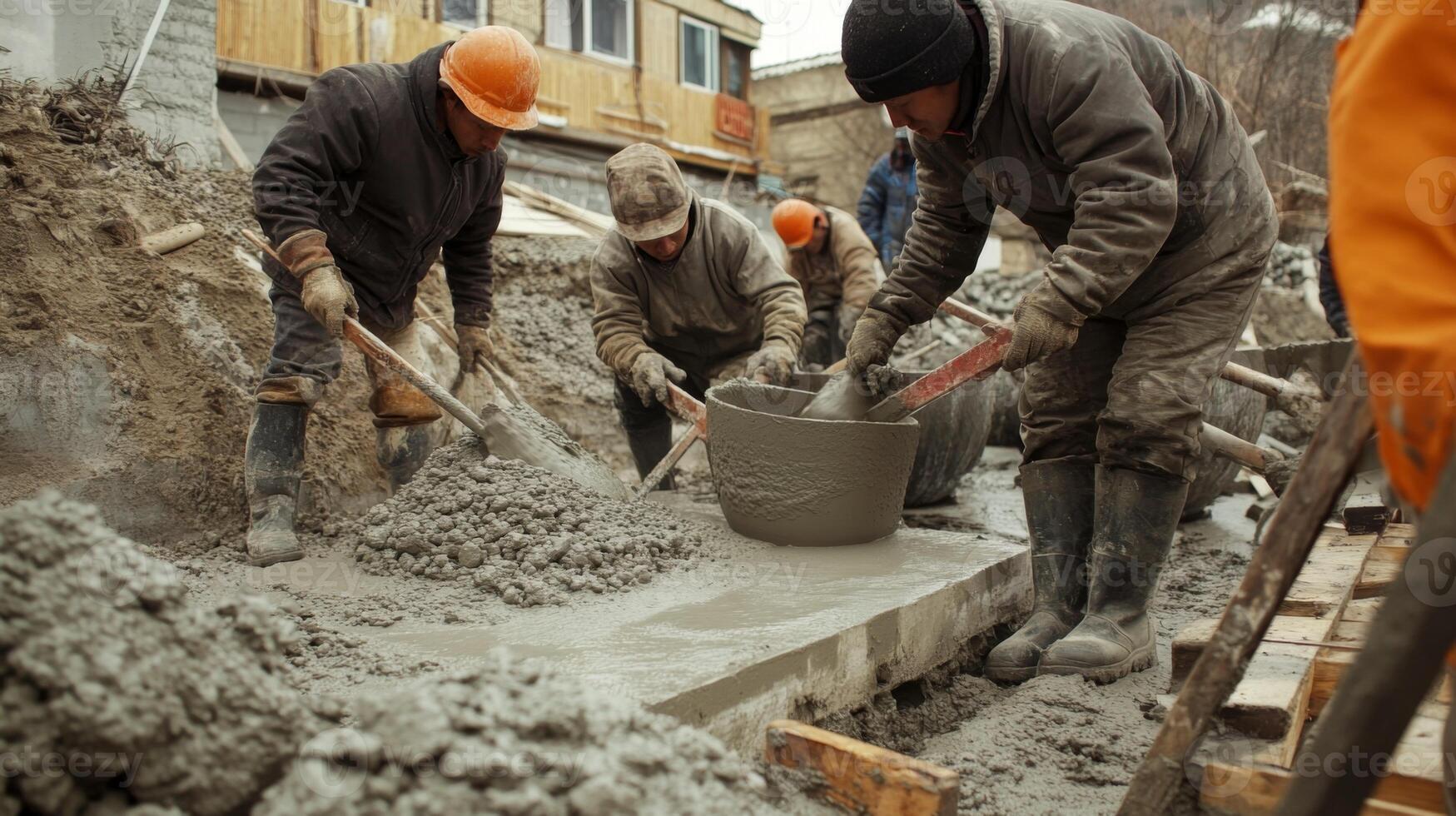 Construction Workers Mixing Concrete for Foundation photo