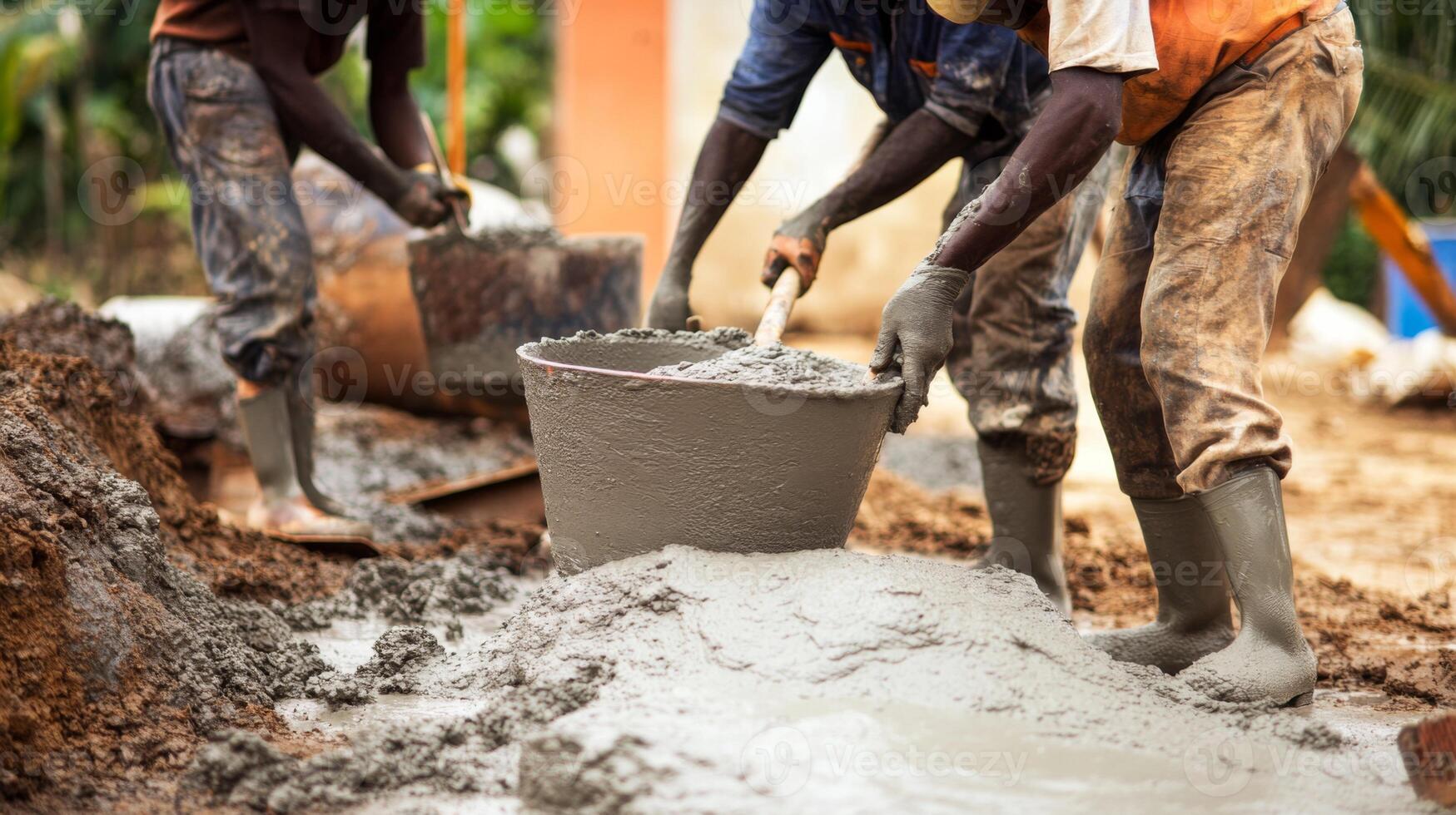 Two Men Mixing Cement with a Stick and Buckets photo