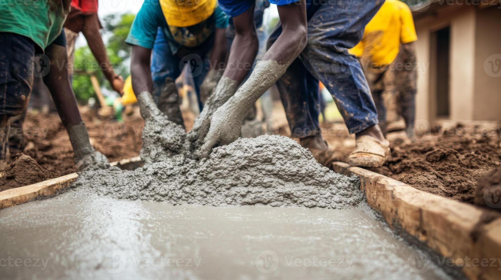 Men Pouring Concrete Into Wooden Mold During Construction photo