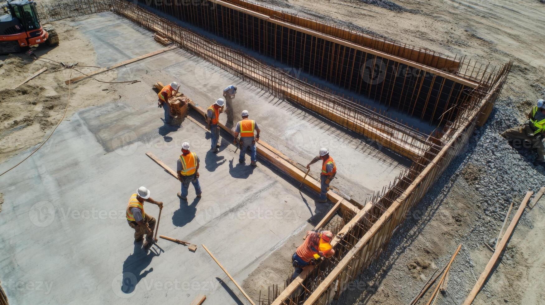 Construction Workers Pouring Concrete for a New Building Foundation photo