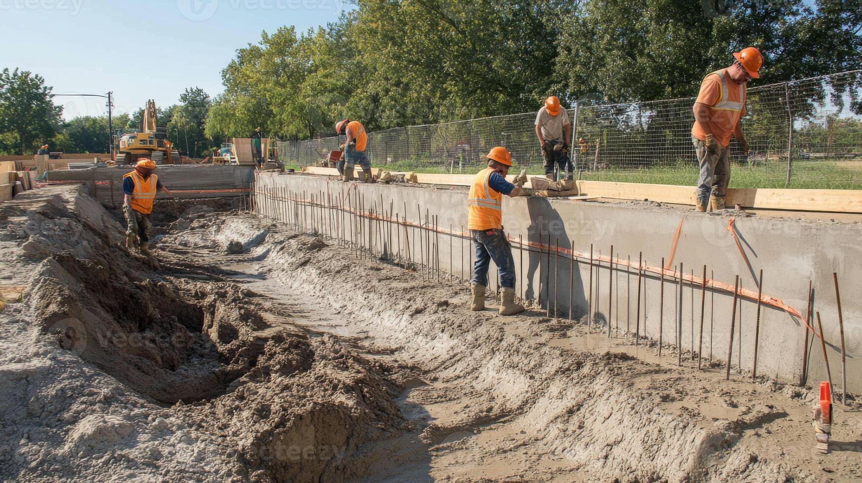 Construction Workers Pouring Concrete for a New Wall photo