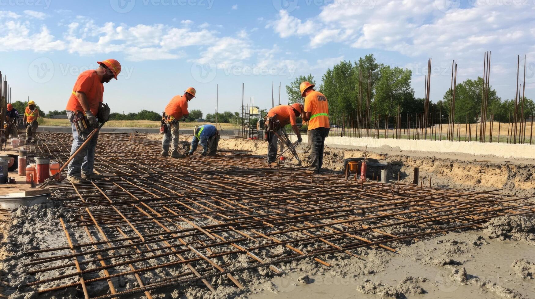 Construction Workers Placing Rebar on a Concrete Foundation photo