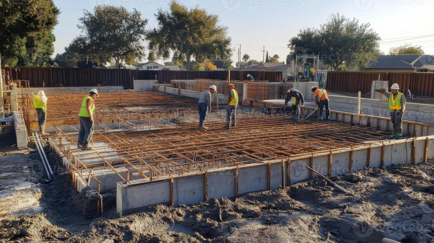 Construction Workers Inspecting Reinforced Concrete Foundation photo
