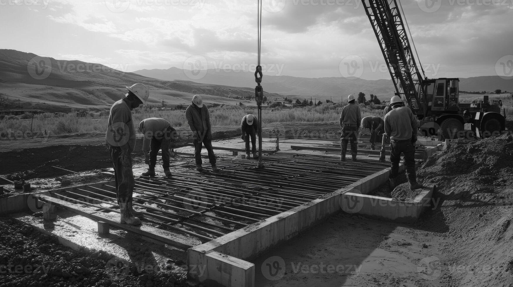 Construction Workers on a Foundation with Rebar and a Crane in the Background photo