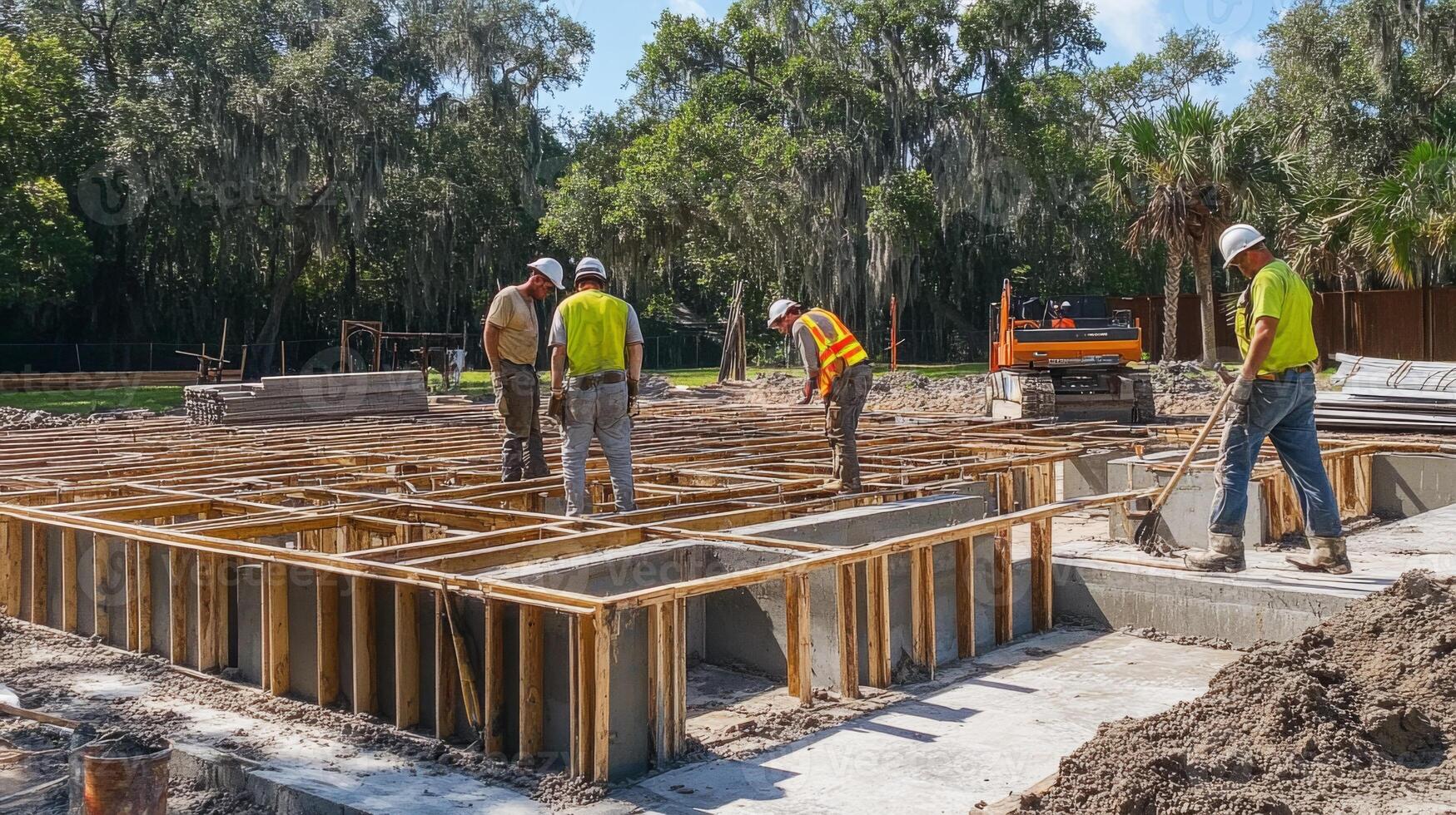 Construction Workers Inspecting Foundation Frame of a New Building photo