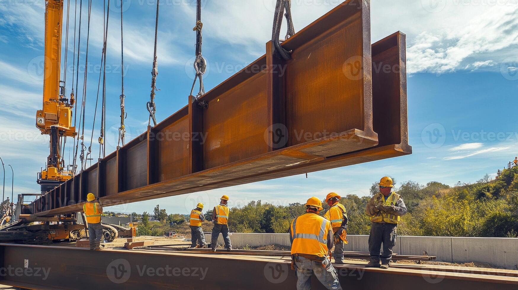 Construction Workers Inspecting a Steel Beam Being Lifted by a Crane photo
