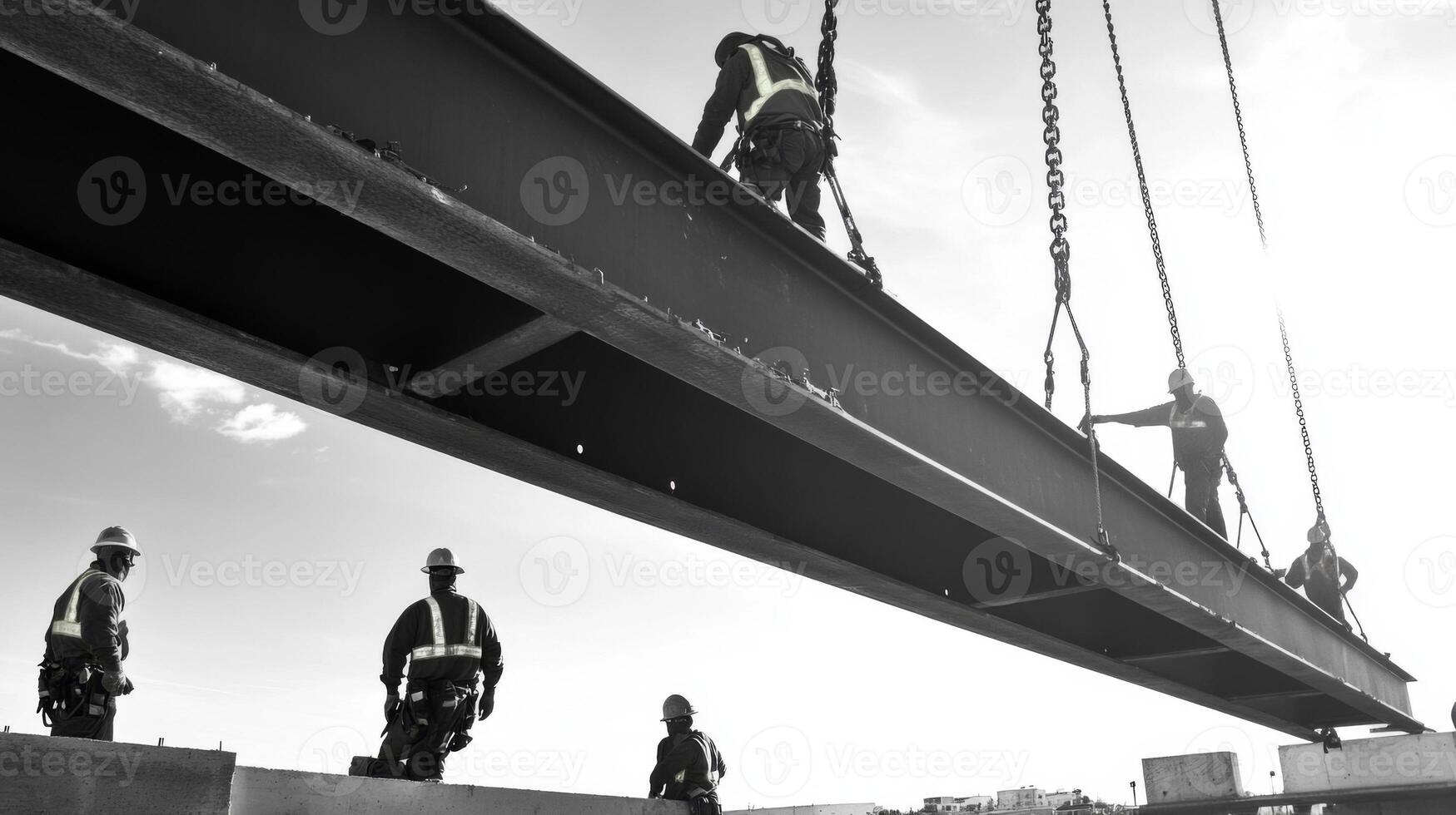 Construction Workers Guiding a Steel Beam During Construction photo