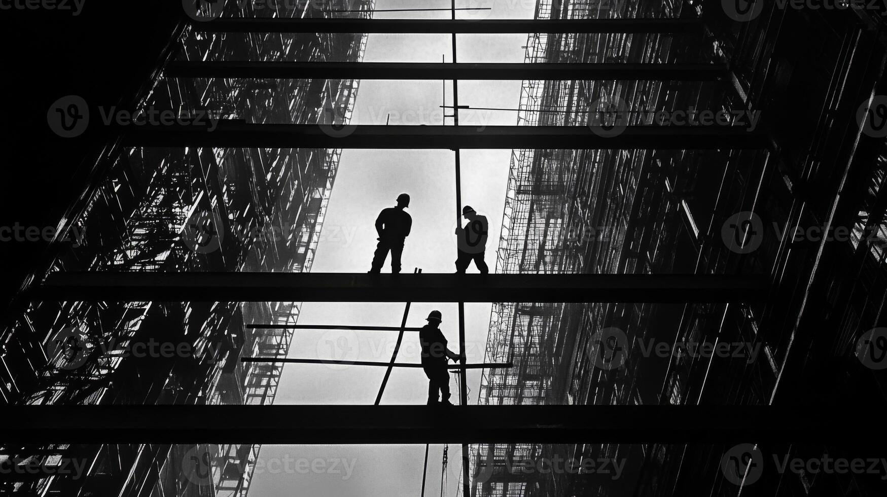 Silhouetted Construction Workers on a Steel Framework photo