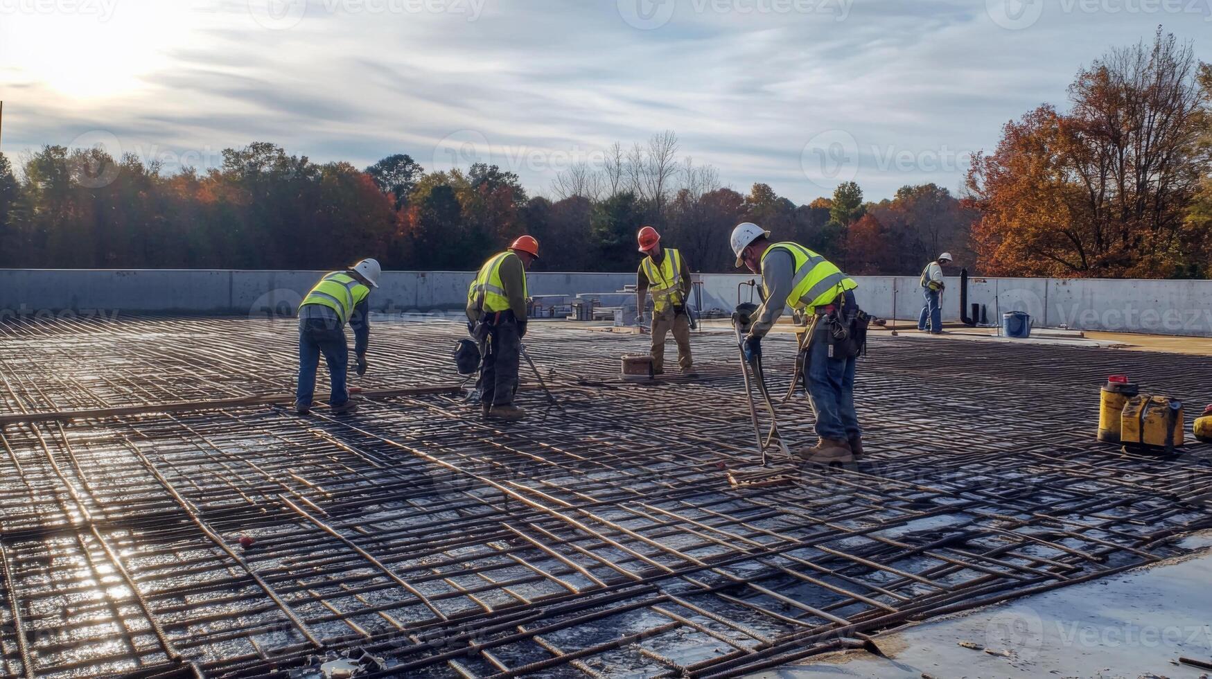 Construction Workers Securing Rebar Grid on Concrete Slab photo