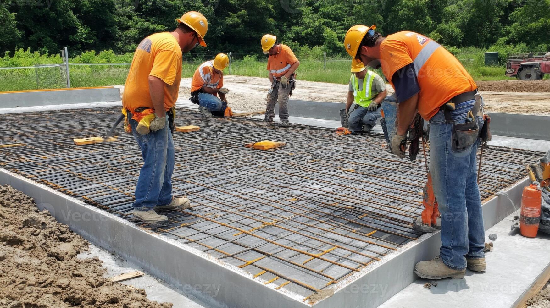 Construction Workers Inspecting Rebar Grid on Concrete Slab photo