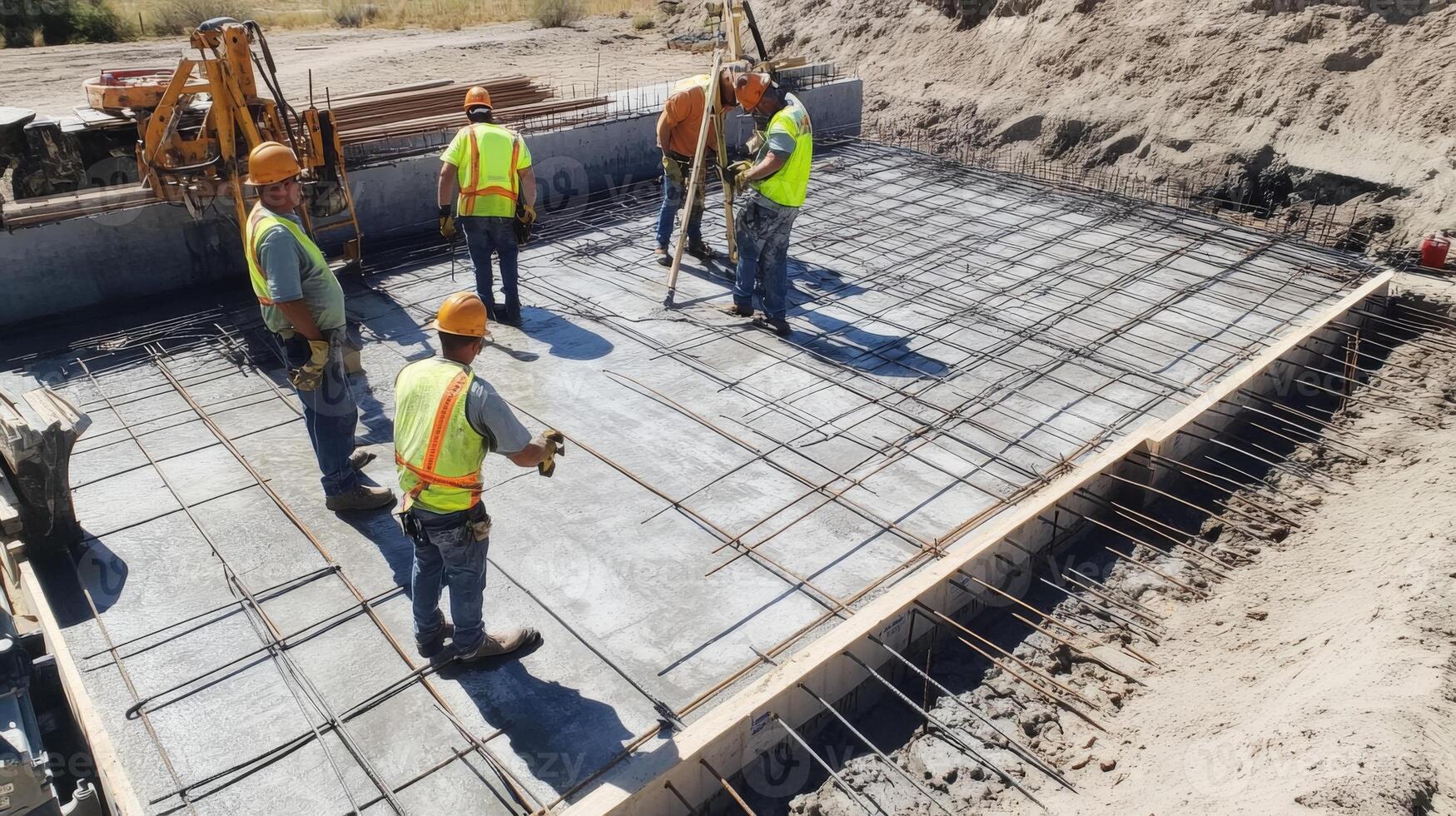 Construction Workers Inspecting Rebar Grid on Concrete Slab photo