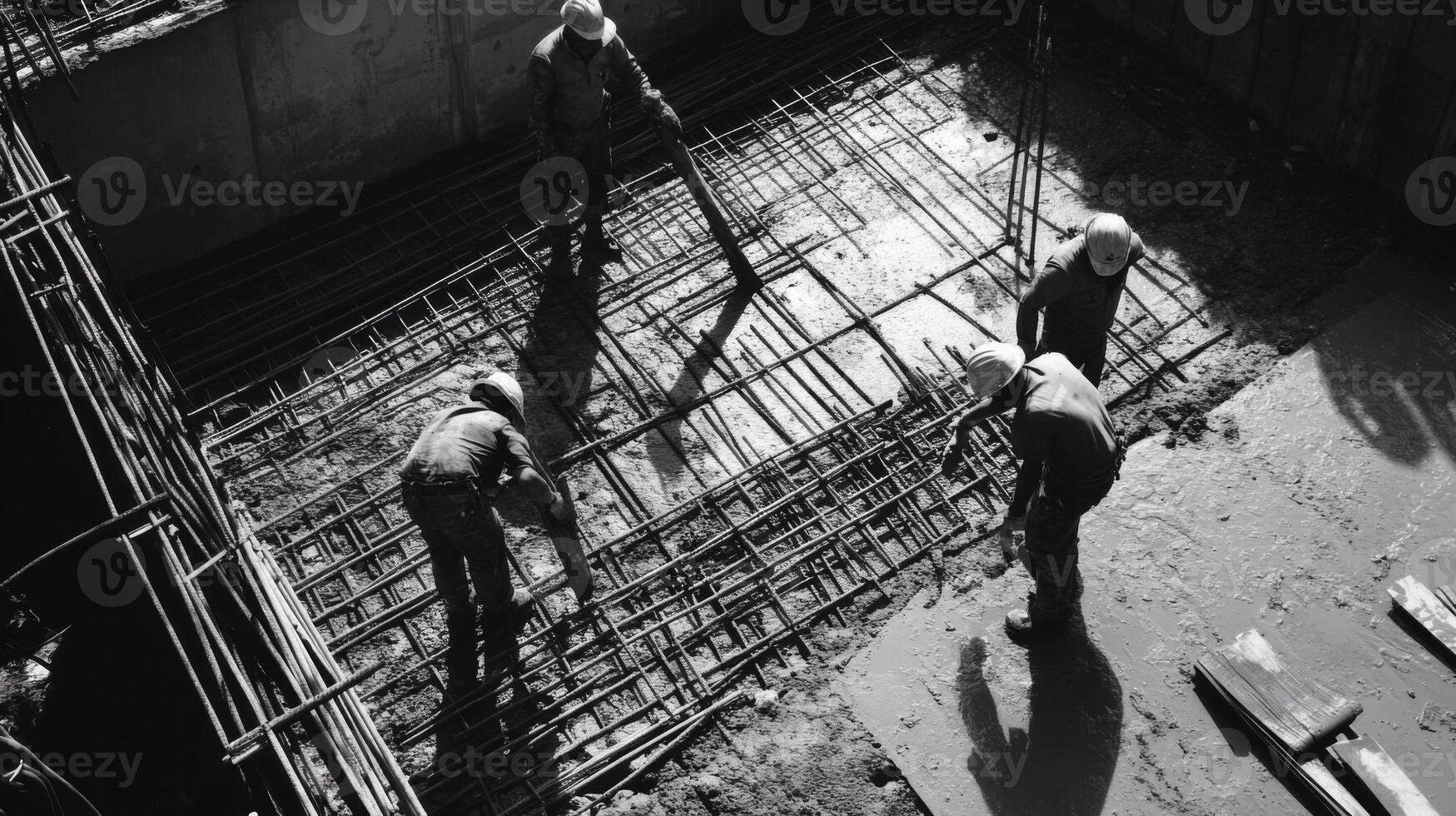 Construction Workers Laying Concrete Foundation With Rebar photo