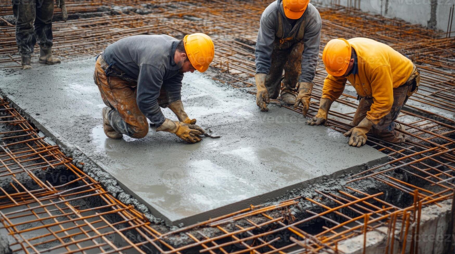 Construction Workers Finishing Concrete Pour Over Rebar Grid photo