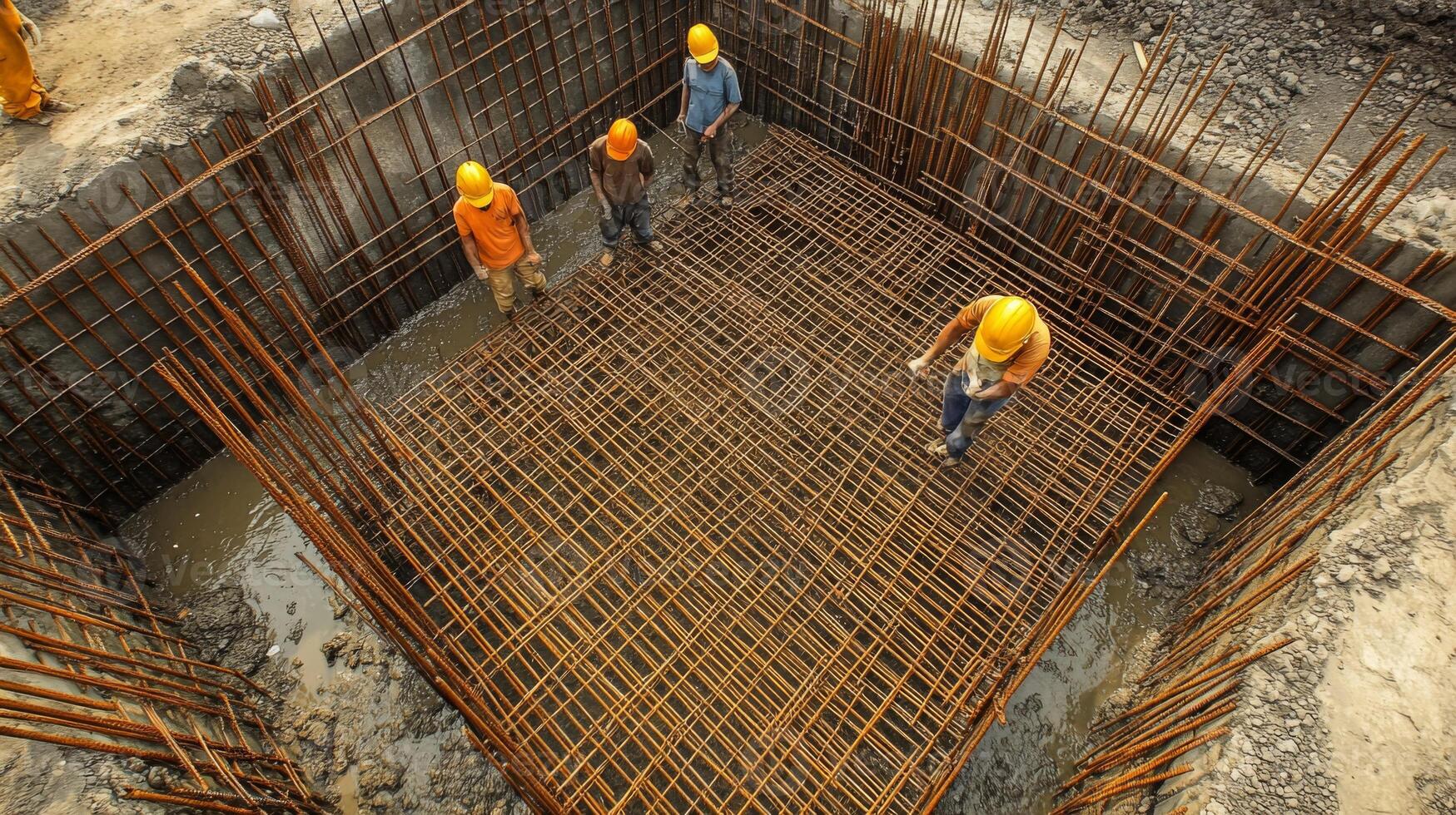 Construction Workers Installing Rebar in a Foundation photo
