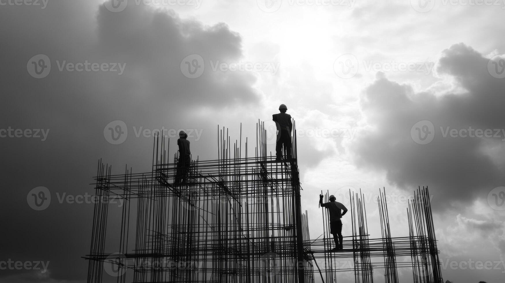 Construction Workers Silhouetted Against Cloudy Sky on Scaffolding photo