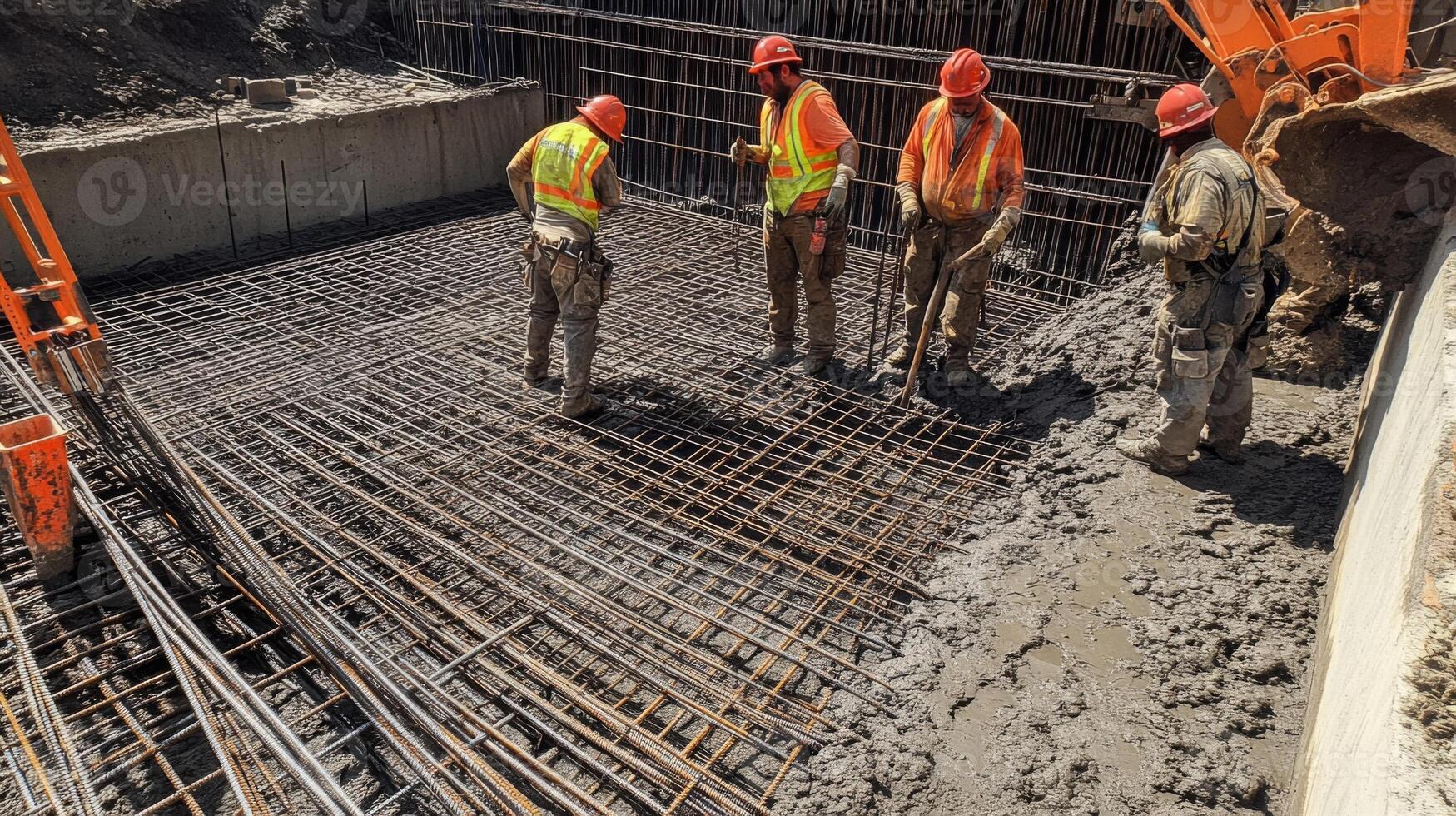 Construction Workers Pouring Concrete onto a Rebar Grid photo