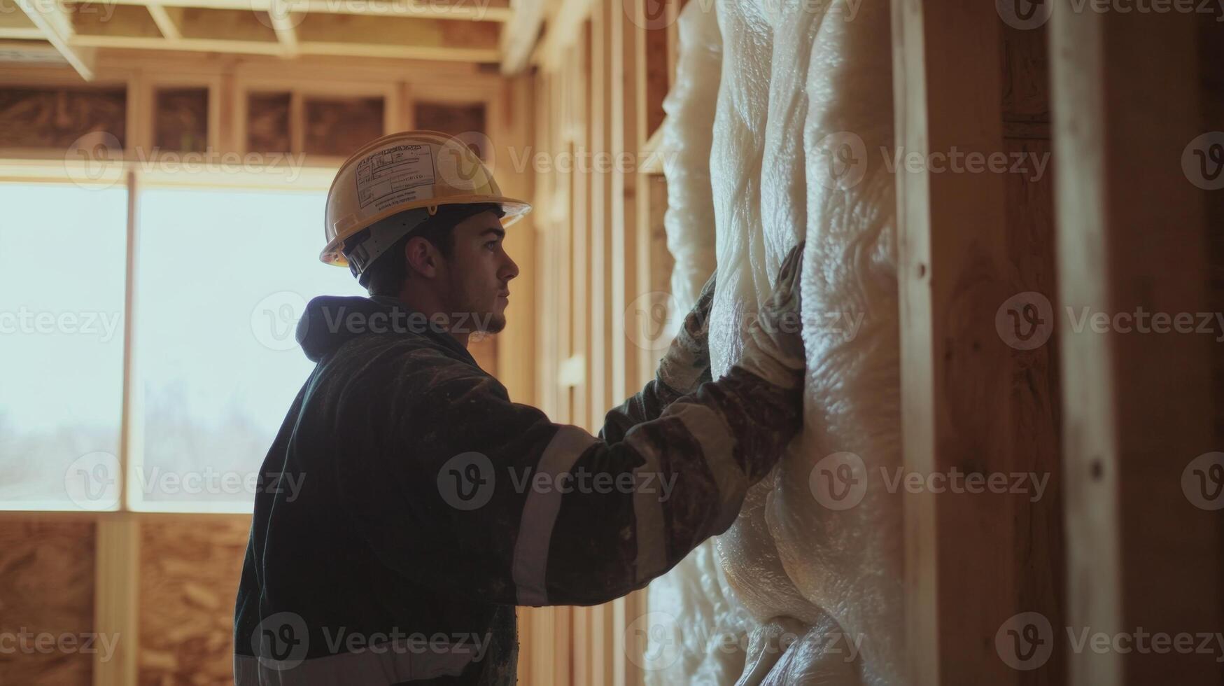 Construction Worker Installing Spray Foam Insulation in a New Home photo