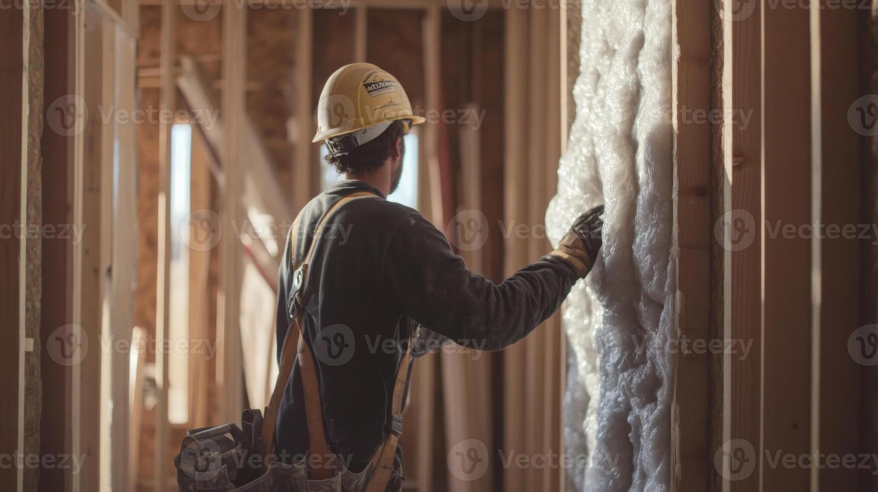 Construction Worker Inspecting Insulation in a New Home photo