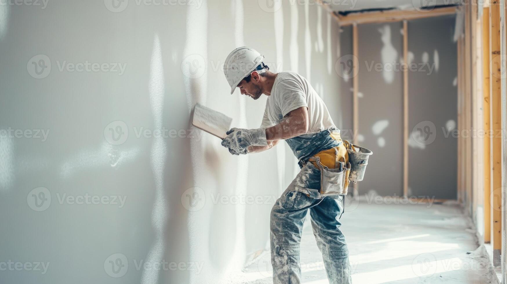 Construction Worker Applying Joint Compound to a Wall photo