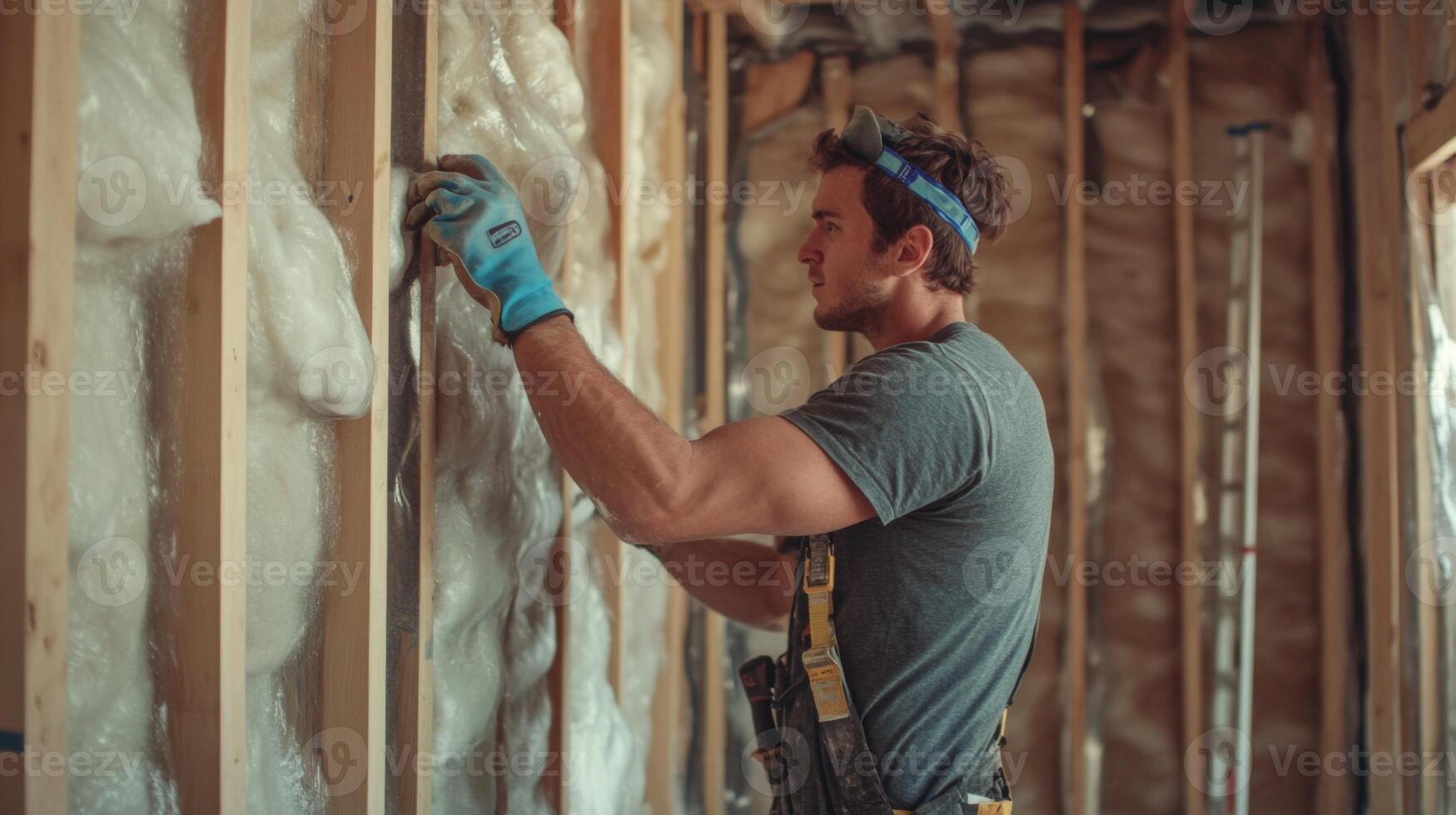 Construction Worker Installing Insulation in a Wall Frame photo