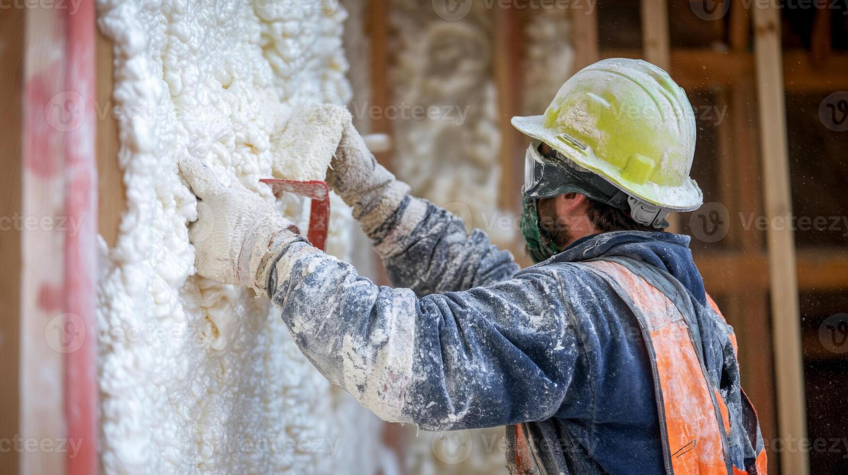 Construction Worker Applying Insulation Foam to Wall photo