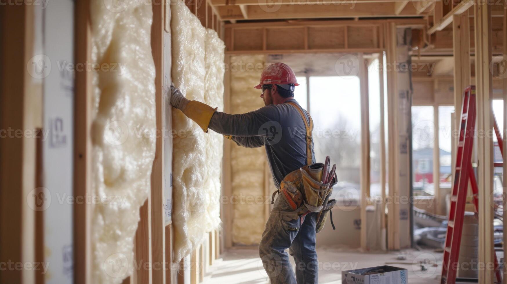 Construction Worker Installing Insulation in a New Home photo