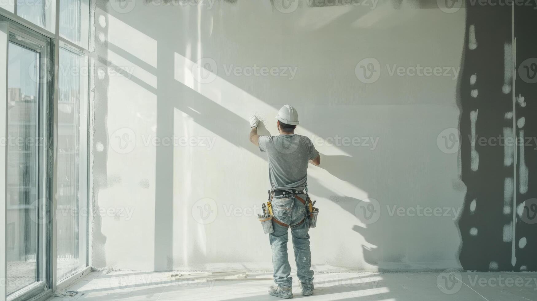 Construction Worker Applying Joint Compound to a Wall photo