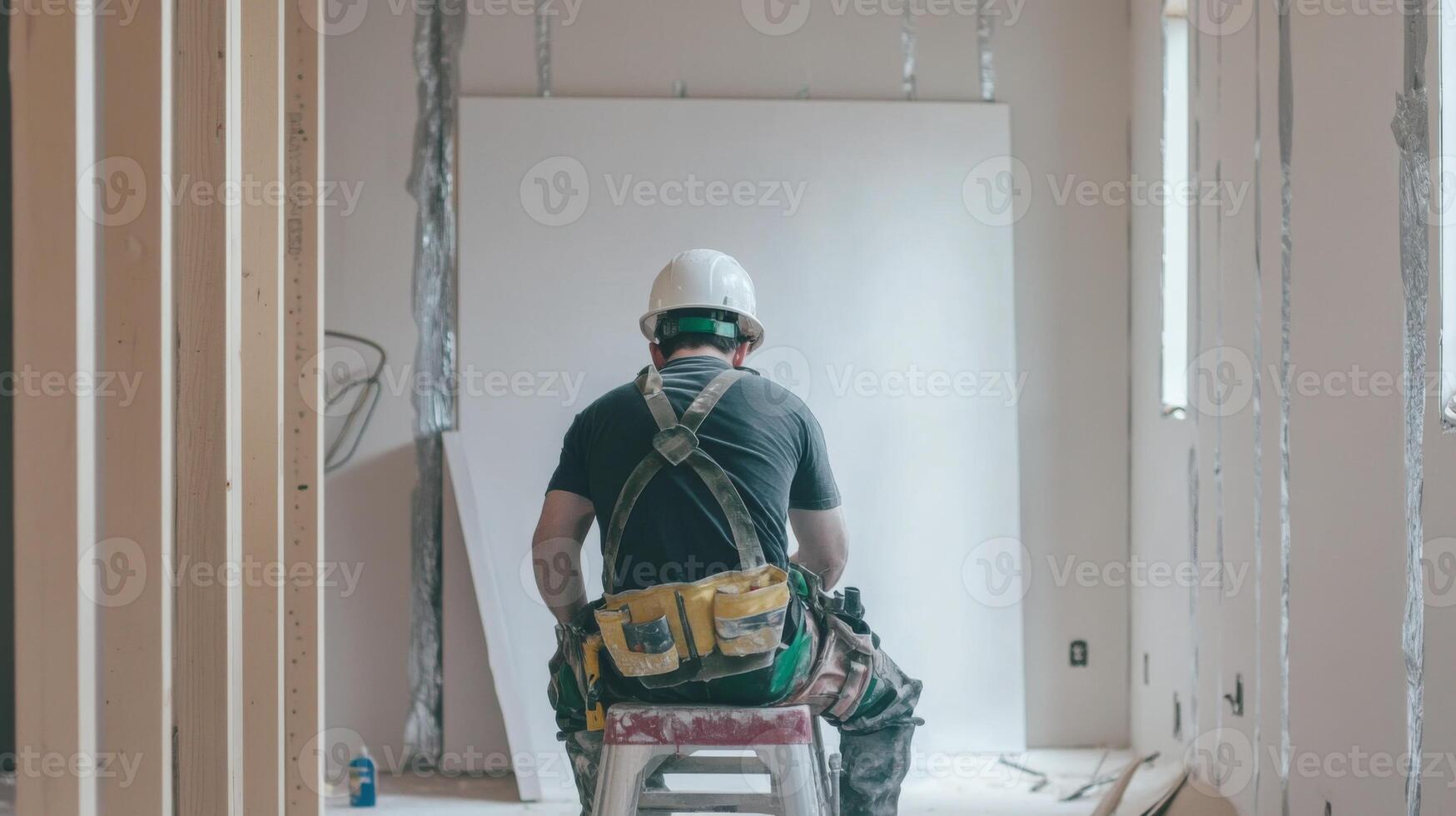 Construction Worker Sitting on a Stool in an Unfinished Room photo