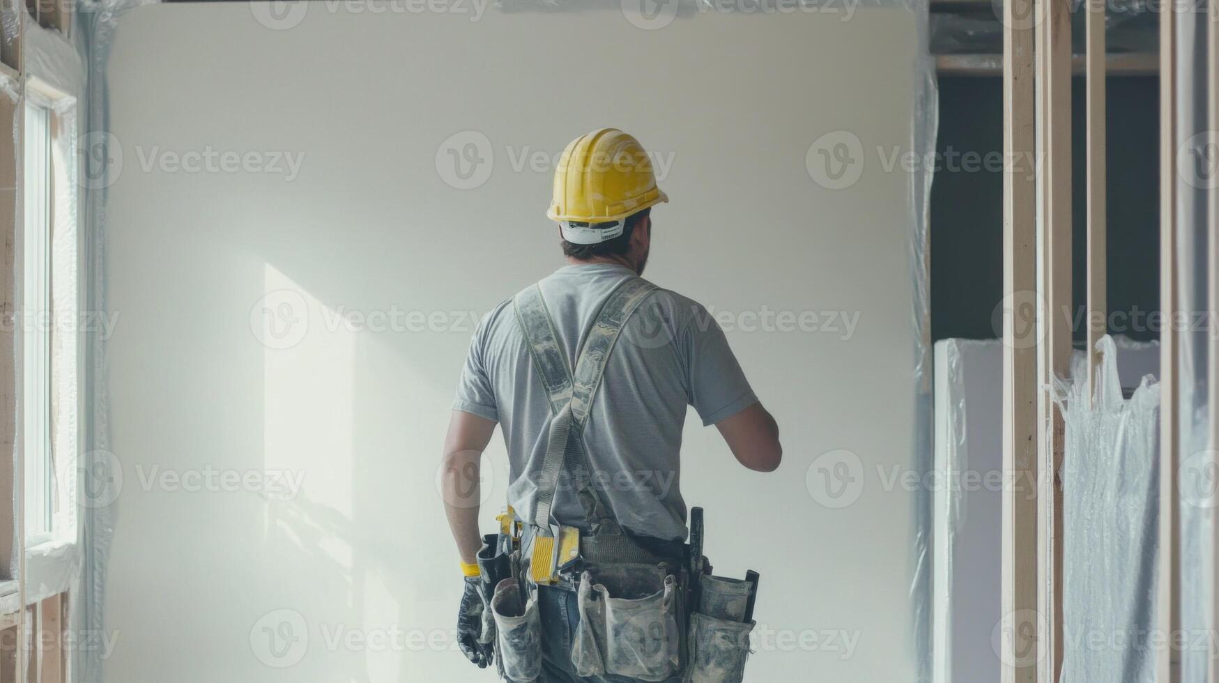 Construction Worker in a Yellow Hard Hat Looking at a New Wall photo