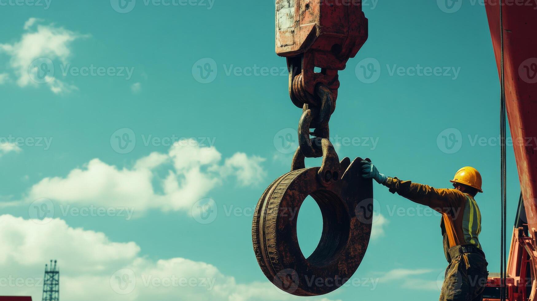 Construction Worker Inspecting a Crane Hook Against a Blue Sky photo