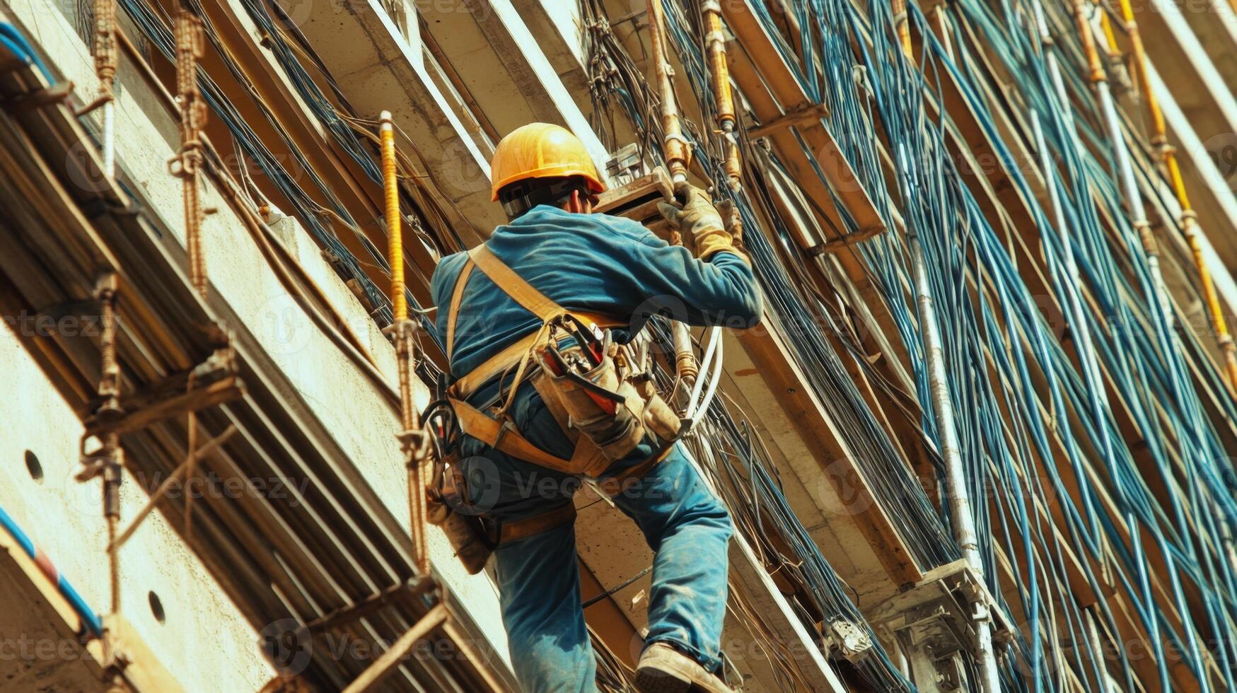 Construction Worker Ascending Scaffolding with Safety Harness photo