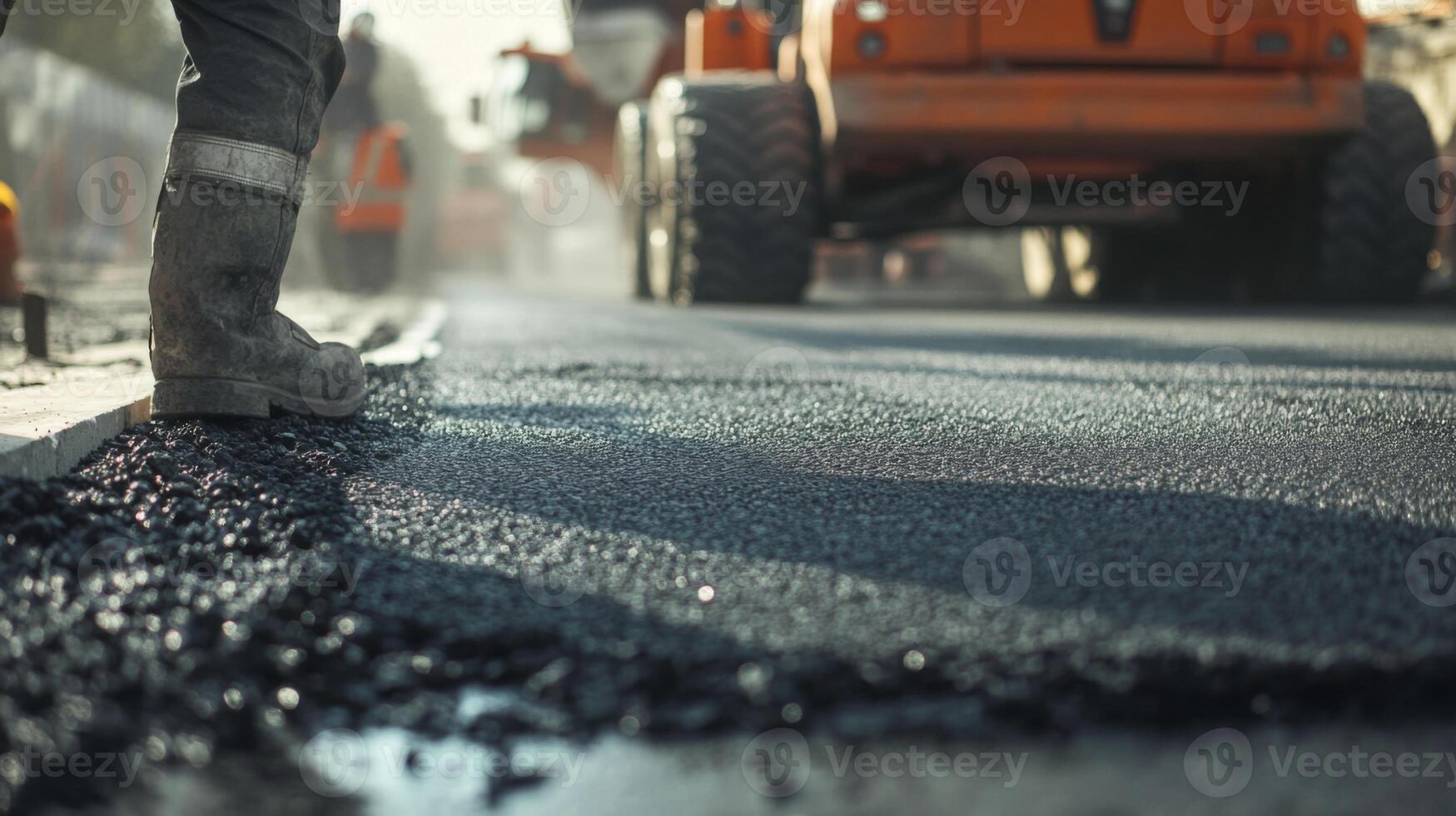 Close-up of a Worker's Boot on Freshly Laid Asphalt photo
