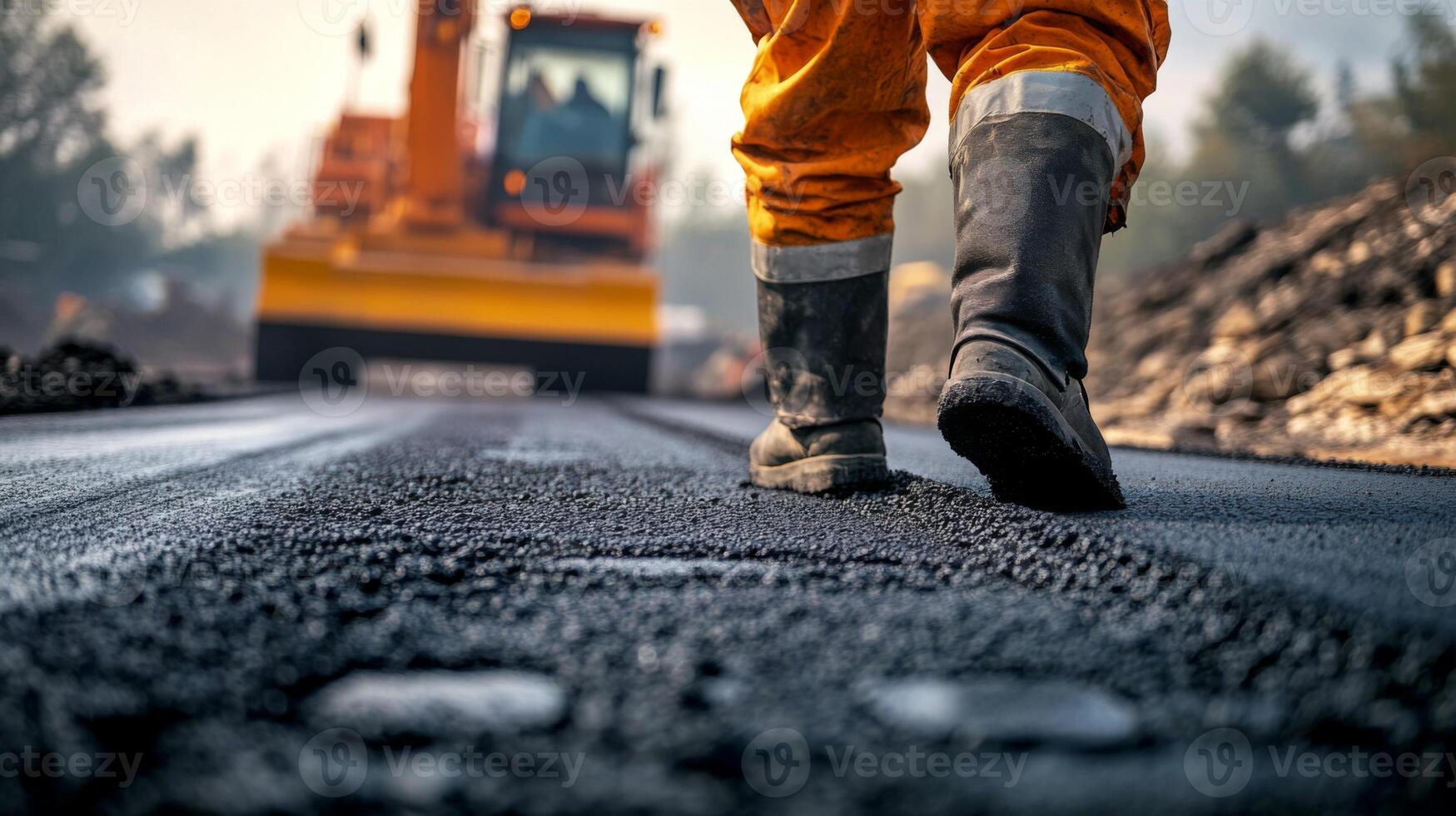 Construction Worker Walking on Freshly Laid Asphalt photo