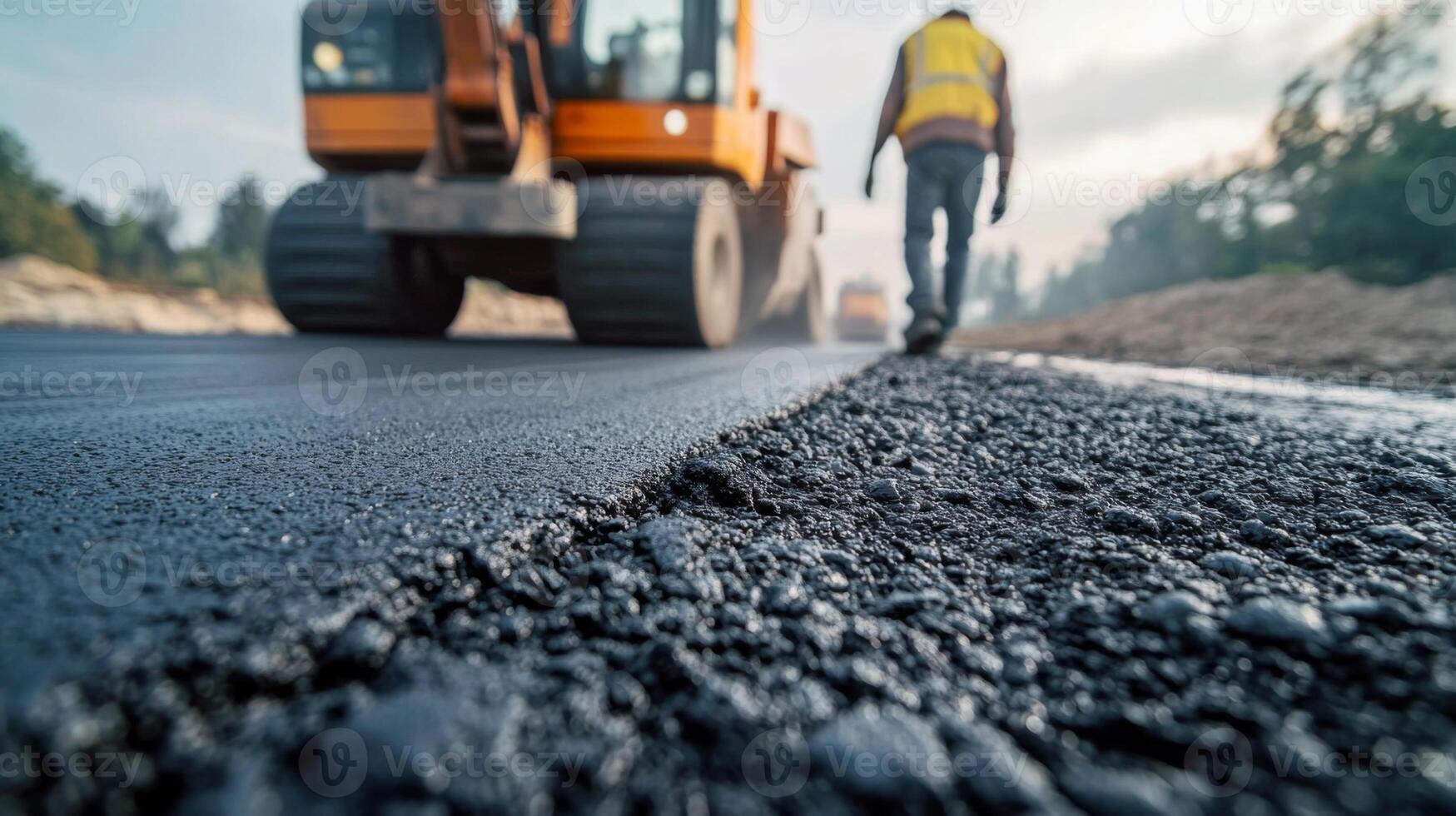 Newly Laid Asphalt Road with Construction Worker and Excavator in the Background photo