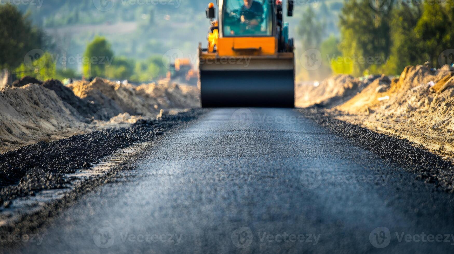 Road Construction with a Roller Compacting Fresh Asphalt photo